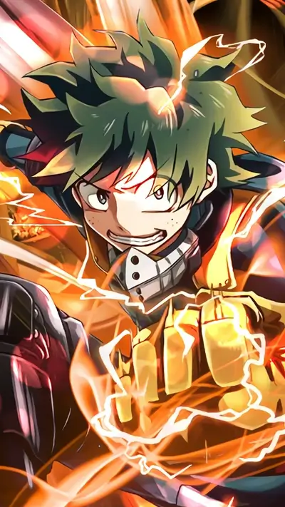 Deku charging up with fiery glowing lightning energy around his fist