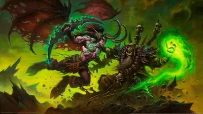 Demon and warlock battle in a dark fantasy world