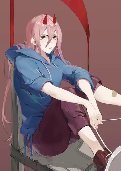 Demon girl in a blue hoodie tying her shoelaces