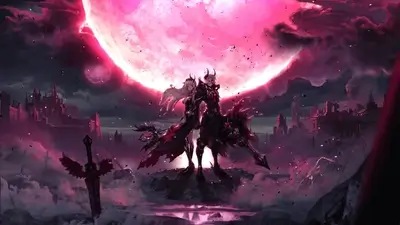 Demon king and queen standing majestically on rocks before a giant pink moon
