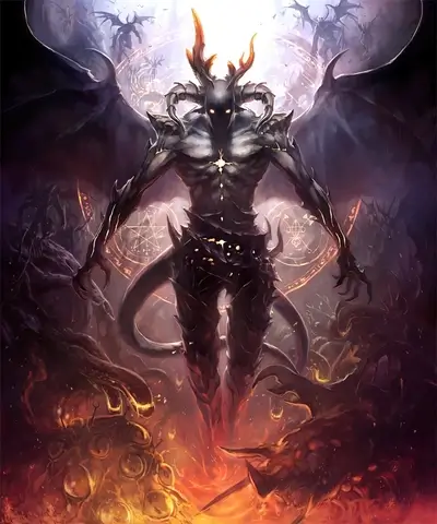 Demon lord standing in fiery hell