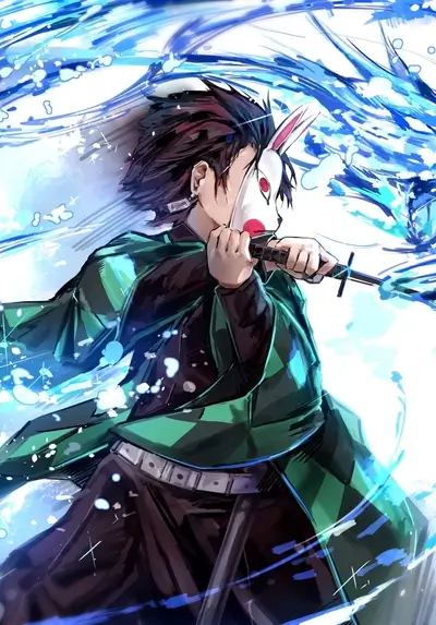 Demon Slayer character wielding a sword, surrounded by blue water