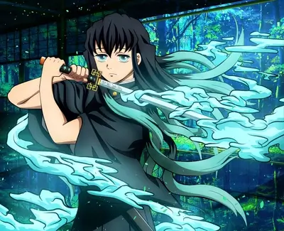 Demon Slayer character wielding sword, teal hair flowing