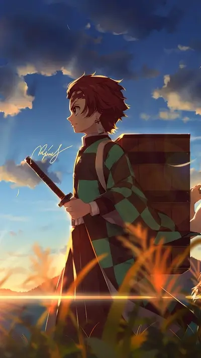 Demon slayer character with a box on back standing at sunset.
