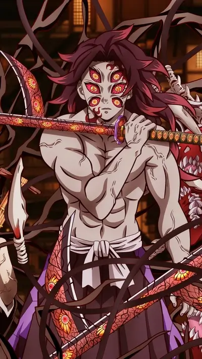 Demon Slayer character with multiple eyes and swords