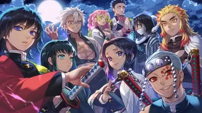Demon Slayer Corps under moonlight, standing together, swords drawn
