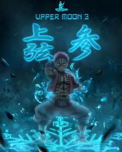 Demon Slayer Upper Moon 3, powerful, glowing, blue