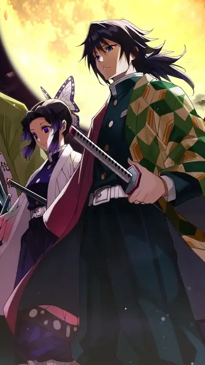 Demon Slayer's Giyu and Shinobu standing powerfully under a vivid moon