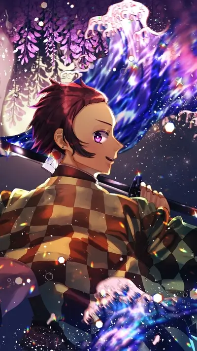 Demon Slayer's Tanjiro smiling, with wisteria and mystical effects.