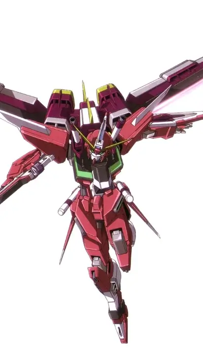 Detailed mobile suit in red, white, yellow, green and purple colors