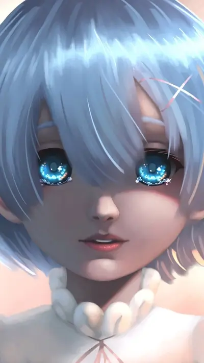 Detailed portrait of Rem, featuring striking blue eyes and soft lighting