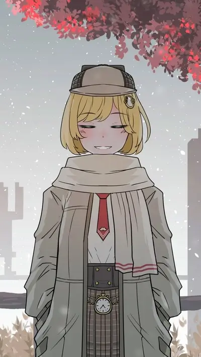 Detective girl, wearing a coat and scarf, standing in snowy city