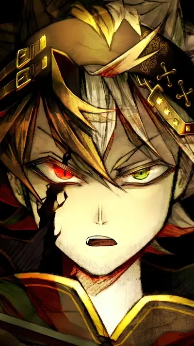 Determined anime character stares intensely, one red eye, one green eye