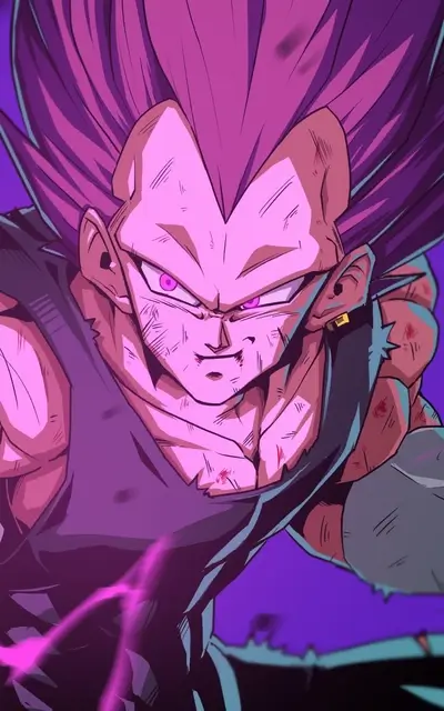 Determined character, battle-worn face, intense gaze, purple hair, ready for next fight