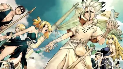 Determined characters with scientific instruments and a flag