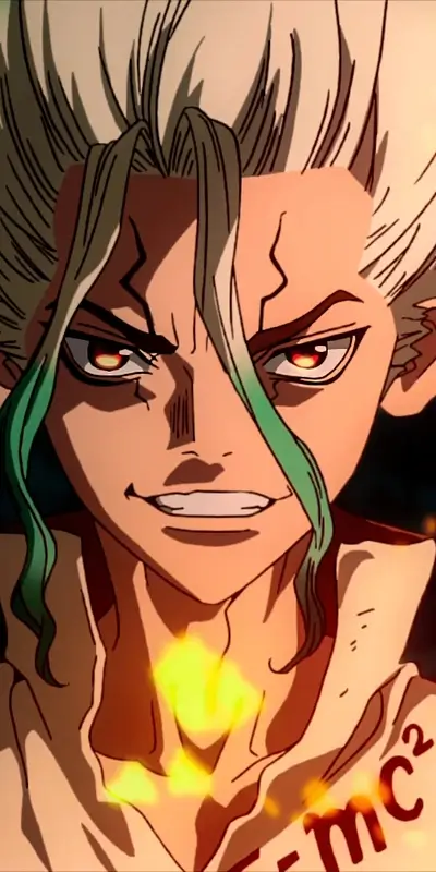 Determined expression with spiky hair and glowing embers