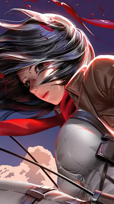 Determined female character with wind-blown hair, against a dramatic sky