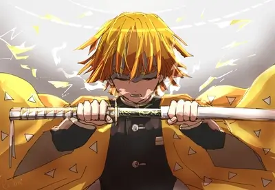 Determined figure holding sword, cloak with triangle pattern, intense expression