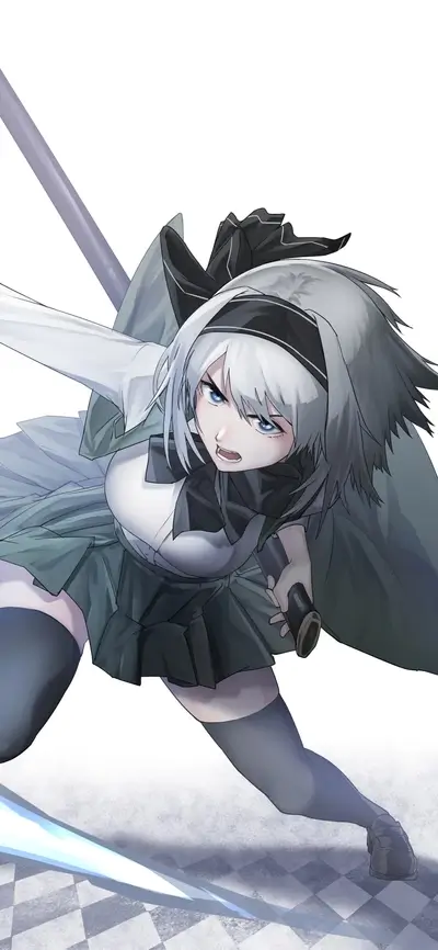 Determined girl with grey hair, school uniform, and sword prepares to fight.