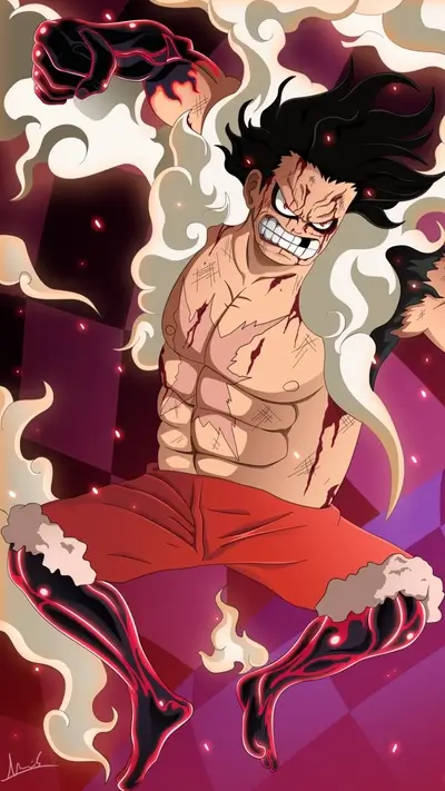 Determined Luffy in Gear Fourth form, energy surging, battle scars visible