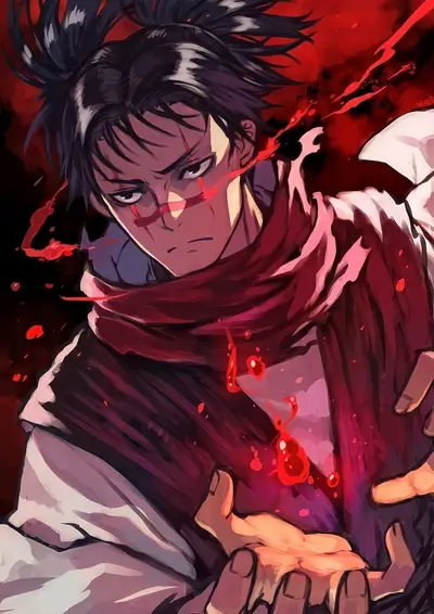 Determined swordsman with dark hair, red markings, and flowing scarf.