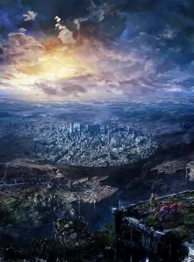 Devastated cityscape under dramatic sky, survivors present after some major calamity