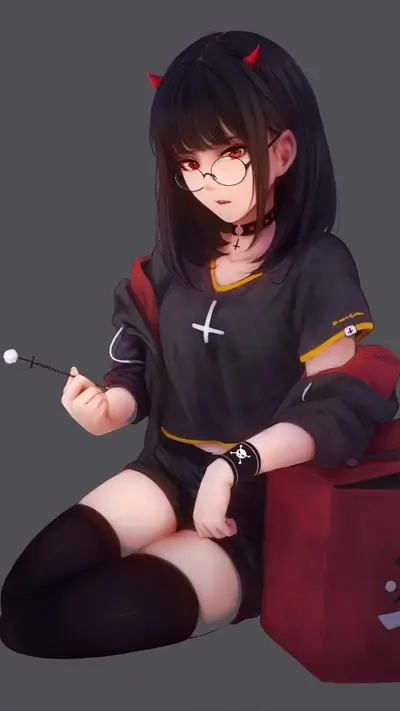 Devil girl with red eyes and horns sitting, holding chain