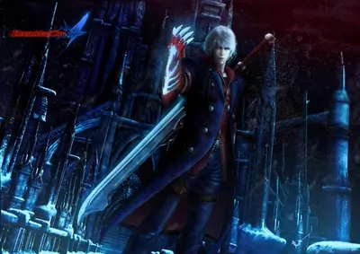 Devil May Cry 4 video game character, Nero, in a snowy gothic city