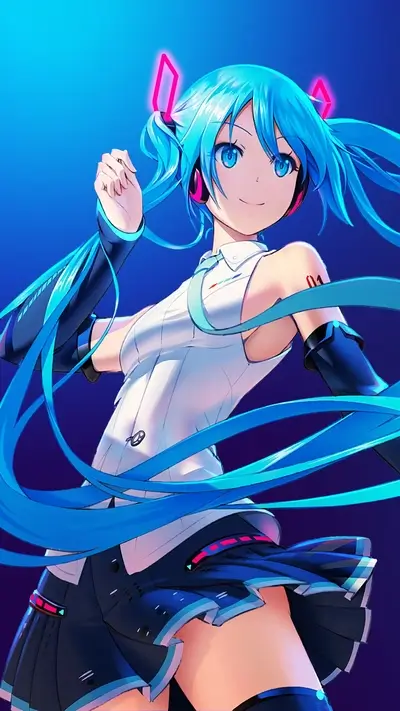 Digital singer Hatsune Miku in dynamic pose with blue hair and ribbons