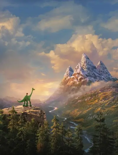 Dinosaur on a cliff overlooking a valley and mountains