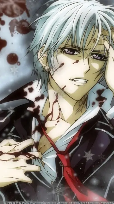 Distressed character with blood and white hair, piercing violet eyes