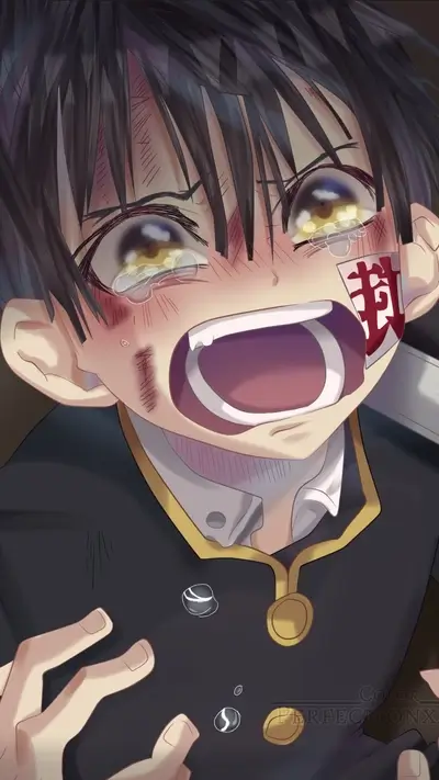 Distressed, crying, scarred face with bandage and Japanese symbol, mouth open