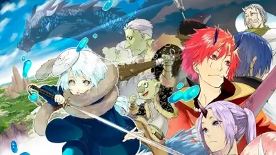 Diverse group of fantasy characters, main character with sword, a dragon