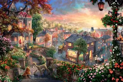 Dogs enjoy a romantic town with colorful buildings and beautiful scenery