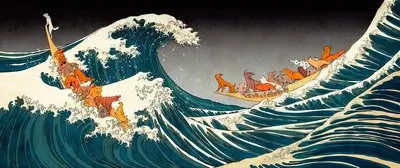 Dogs on a boat amidst a giant wave