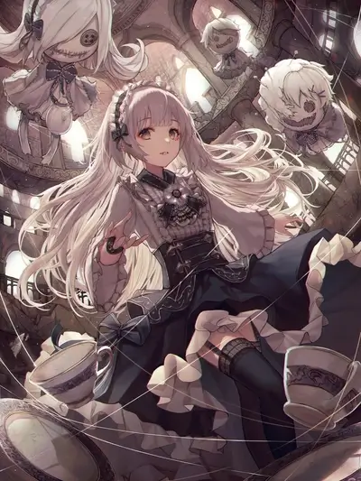 Doll girl in ruins with teacups
