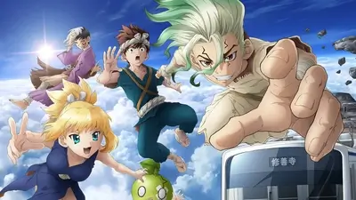 Dr Stone characters leaping and floating with a determined scientist pointing