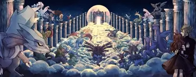Dragons and humans in a cloudy, columned realm