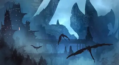 Dragons fly over a dark, misty, gothic city