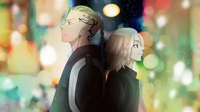 Draken and Mikey standing back to back in city night lights