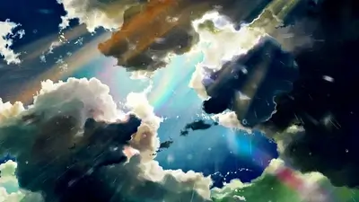 Dramatic cloudy sky with sunbeams shining through rainfall