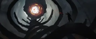 Dramatic scene of a figure battling a large, surreal, eye-like monster