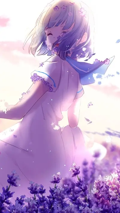 Dreamy anime girl surrounded by lavender flowers and a soft sky