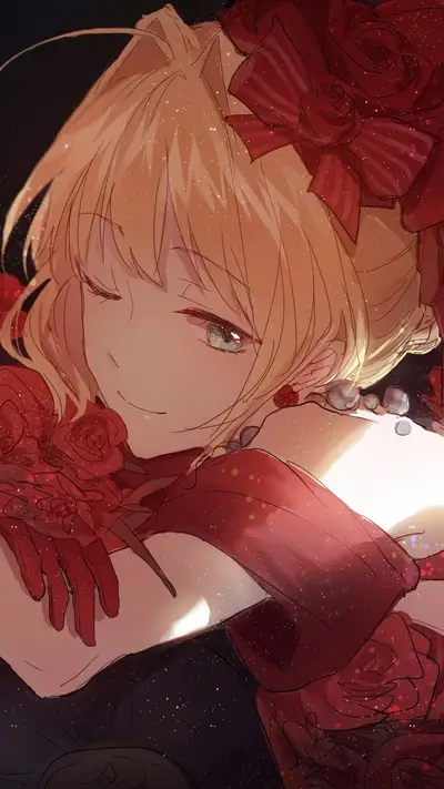 Dreamy blonde girl in red dress, elegant pose, winking, flowers and ribbons