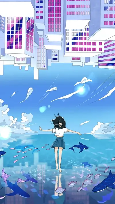 Dreamy cityscape: girl, fish, upside down buildings