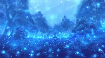 Dreamy, glowing blue forest with a lone figure standing in the field