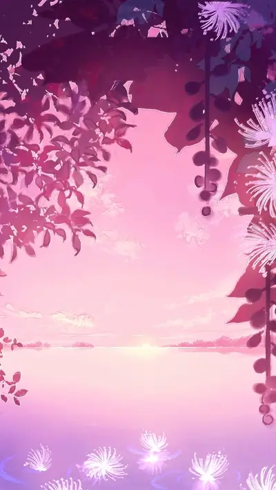 Dreamy pink sky, calm water, reflected light, flowers.