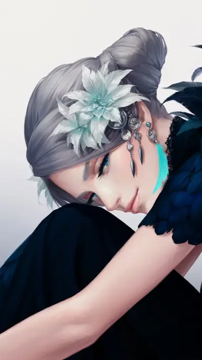 Dreamy woman with delicate features and elegant floral and feather details