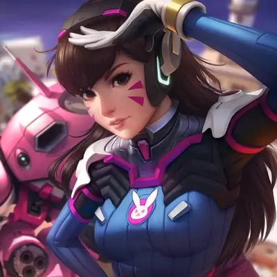 D.Va posing with her mech, stylized and rendered, gaming character