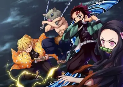 Dynamic action poses with elemental sword effects against a dark sky